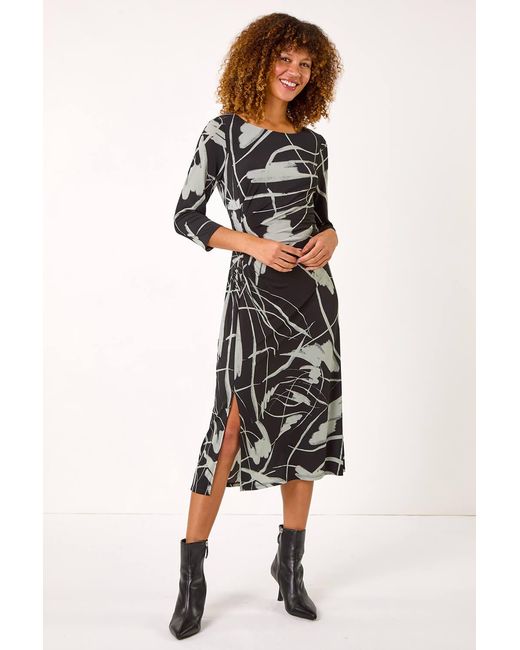 Roman Black Abstract Side Ruched Midi Dress