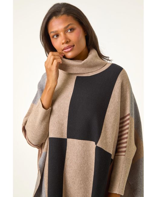 Roman Natural Check Colour Block Knit Poncho