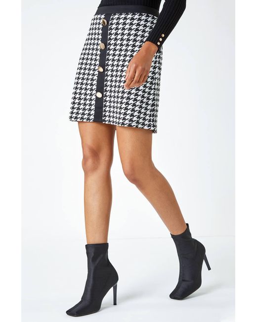 D.u.s.k Black Fashion Houndstooth Button Detail Stretch Skirt