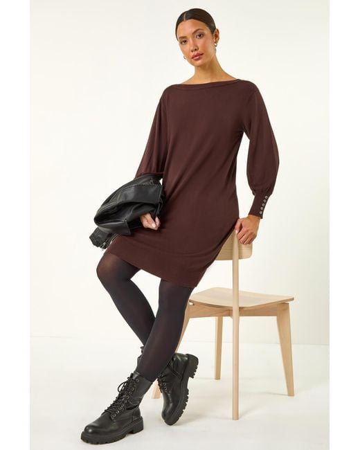 Roman Brown Button Detail Stretch Knit Dress
