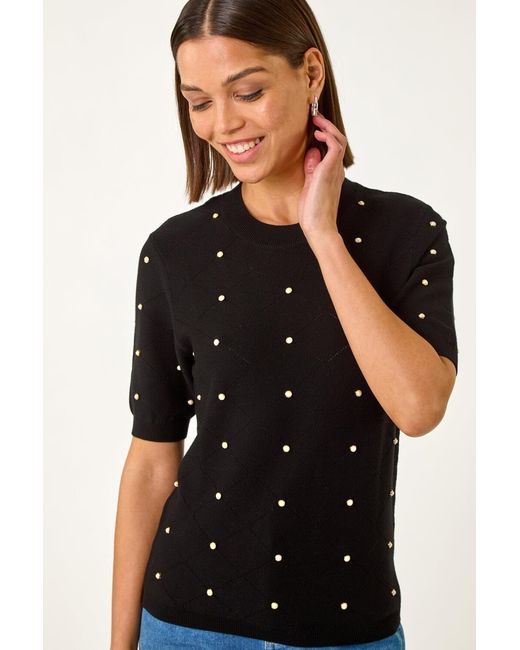 Roman Black Faux Pearl Embellished Knit Top