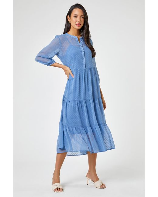 Roman Blue Textured Spot Print Tiered Midi Dress