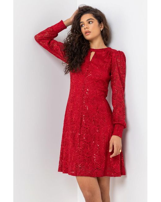 Roman Red Lace Sparkle Swing Dress
