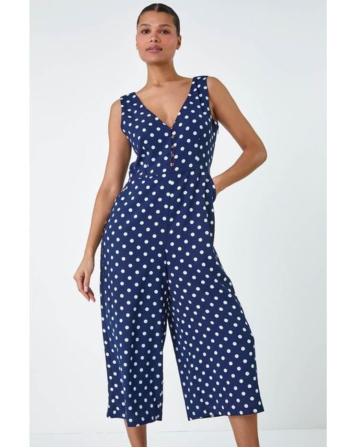 Lilly-and-Hope Blue Polka Dot Print Pocket Jumpsuit