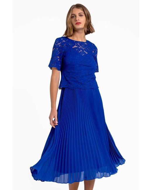 Roman Blue Lace Top Overlay Pleated Midi Dress