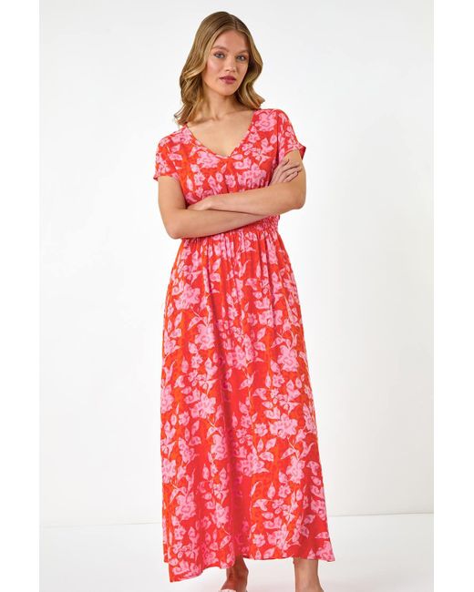 Roman Floral Print Shirred Maxi Dress