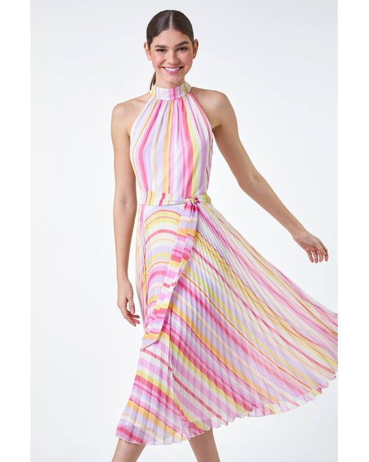 Roman Pink Stripe Print Pleated Midi Dress