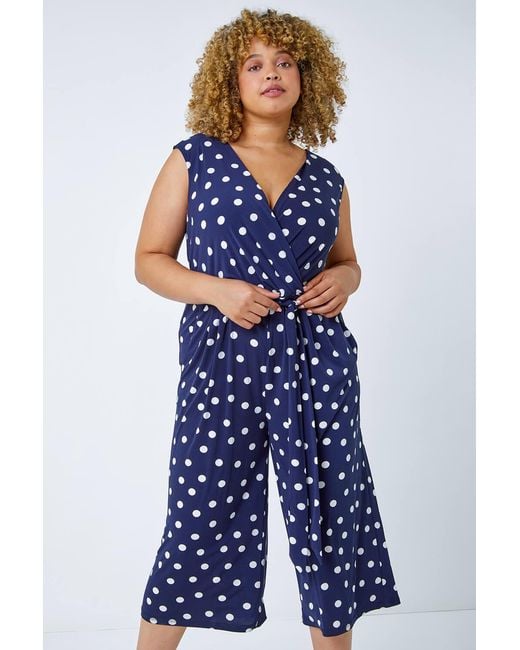 Roman Curve Blue Spot Print Wrap Jumpsuit
