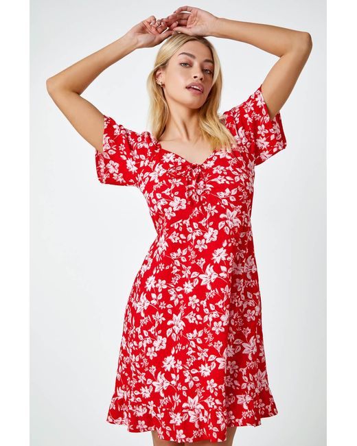 D.u.s.k Red Floral Print Frill Hem Mini Dress