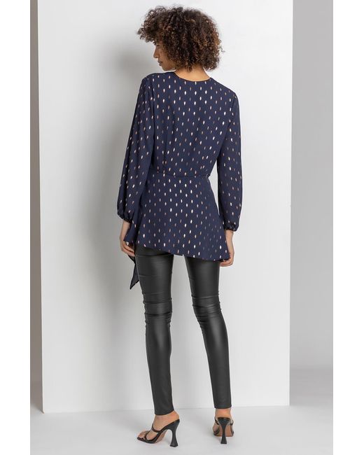 Roman Blue Metallic Polka Dot Print Cross Over Top
