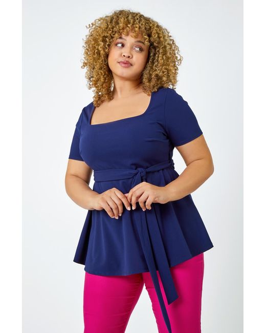 Roman Curve Blue Stretch Belted Peplum Top