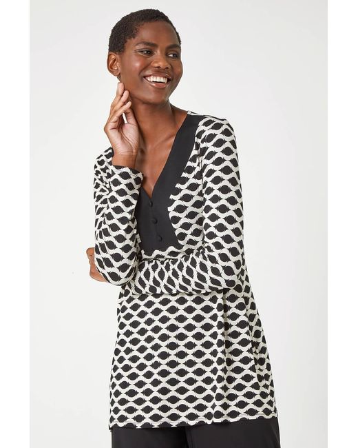 Roman Black Abstract V-Neck Button Detail Tunic Top