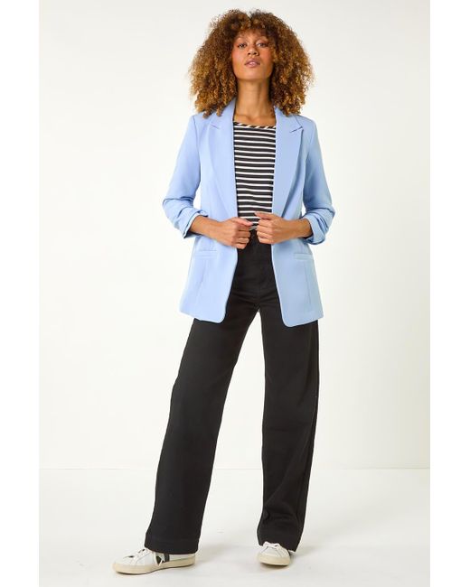 Roman Blue Tailored Ruched Sleeve Stretch Blazer