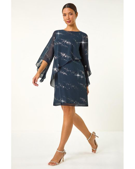 Roman Blue Sequin Embellished Asymmetric Overlay Dress