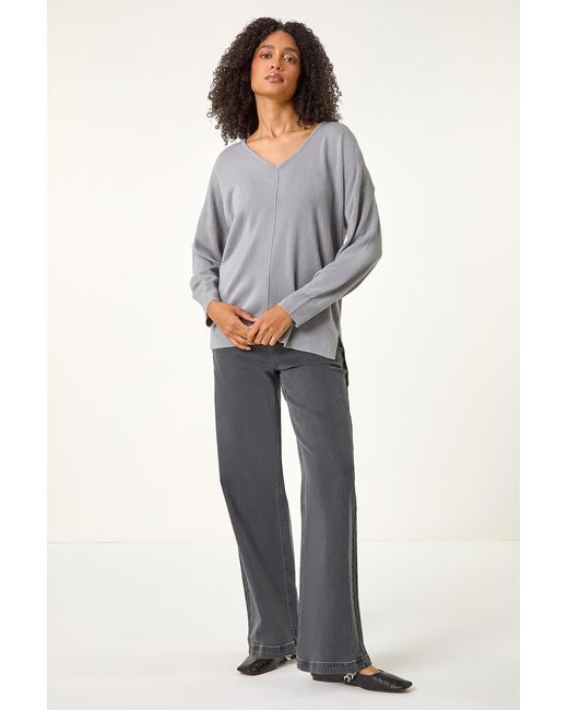 Roman Gray Soft V-Neck Side Split Knit Sweater
