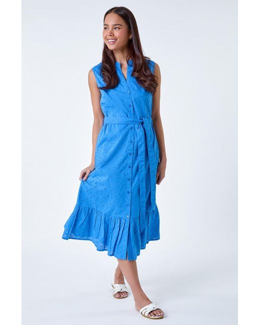 Roman Blue Petite Cotton Broderie Frill Midi Dress