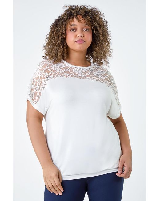 Roman Curve White Lace Yoke Stretch Bubble Hem Top