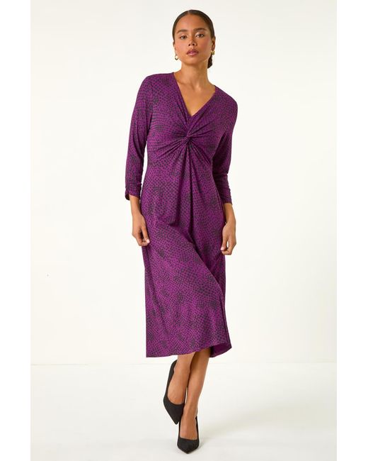 Roman Petite Purple Twist Front V-Neck Midi Dress