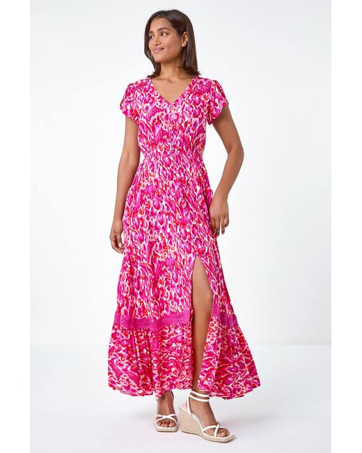 Roman Pink Abstract Print Shirred Waist Maxi Dress