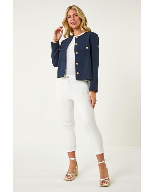 Roman Petite Blue Collarless Button Up Jacket