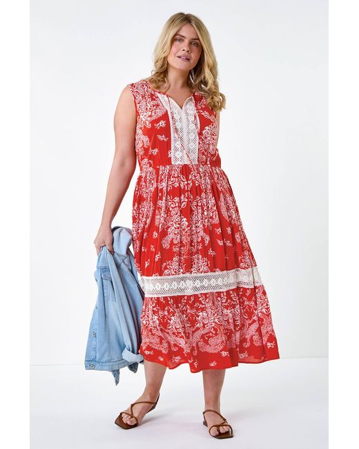 Roman Curve Red Broderie Boho Printed Maxi Dress