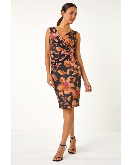 Roman Natural Floral Ruched V-Neck Dress