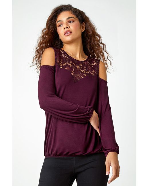 Roman Red Lace Detail Cold Shoulder Stretch Top