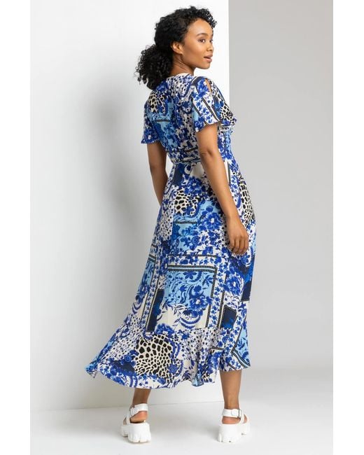 Roman Petite Blue Geo Floral Frill Wrap Dress