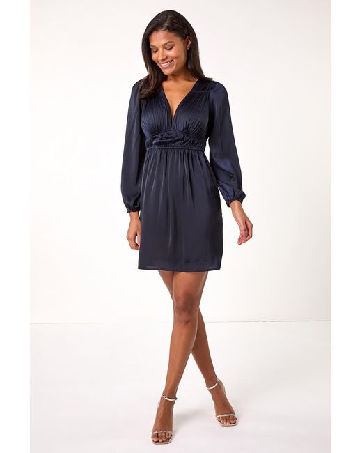 Roman Blue Pleated V-Neck Mini Dress