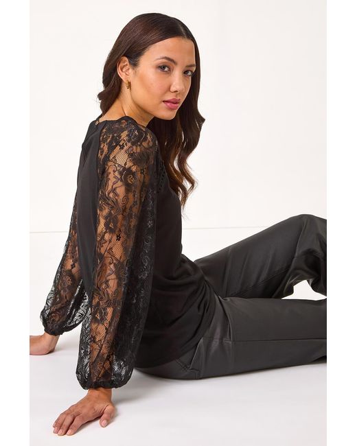 Roman Black Lace Sleeve Stretch Tunic Top