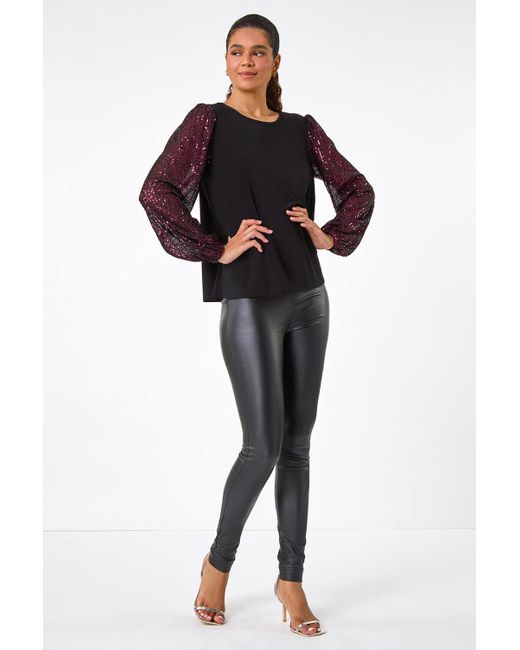 Roman Black Sequin Sleeve Stretch Top