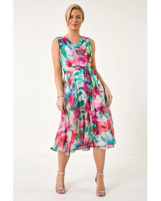 Roman Petite White Floral Cowl Neck Midi Dress