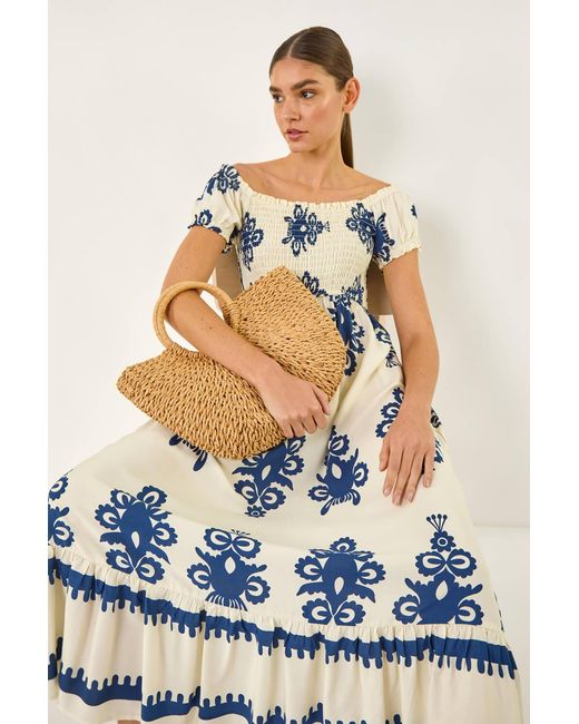 Roman Blue Bardot Shirred Maxi Dress