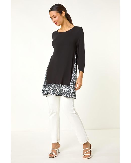 Roman Black Animal Print Contrast Mesh Hem Stretch Top