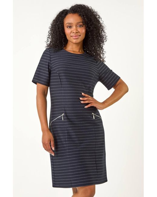 Roman Petite Blue Stripe Zip Pocket Detail Dress