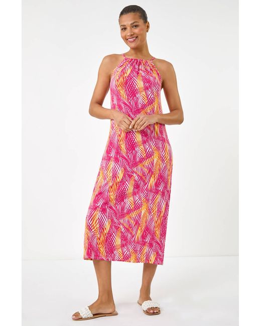 Roman Pink Gathered Palm Print Swing Stretch Dress
