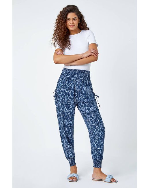 Roman Blue Wave Print Elastic Waist Hareem Trousers