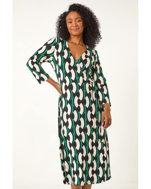 Roman Petite White Geometric Tie Waist Stretch Midi Dress