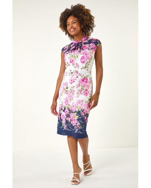 Roman Red Floral Lace Twist Neck Keyhole Dress
