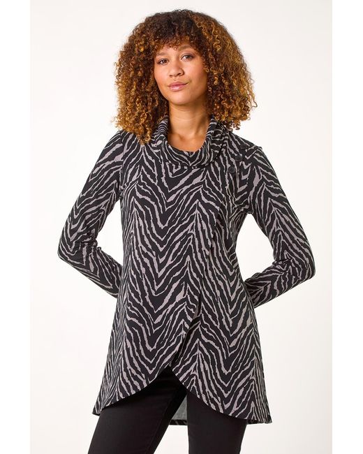 Roman Gray Animal Print Cowl Neck Tunic Top