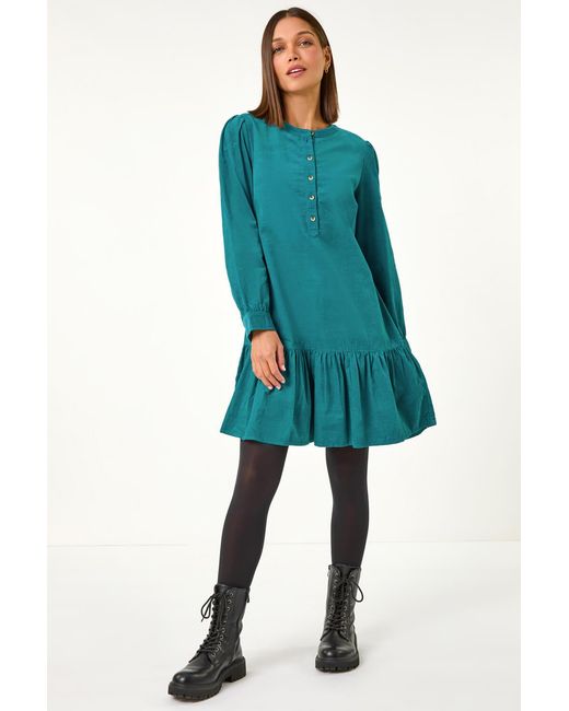 Roman Blue Corduroy Button Detail A-Line Dress