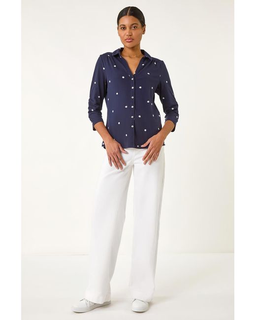 Roman Blue Embroidered V-Neck Cotton Shirt
