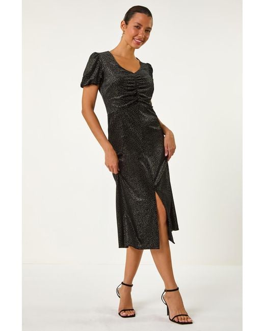 Roman Black Velvet Ruched Front Stretch Midi Dress