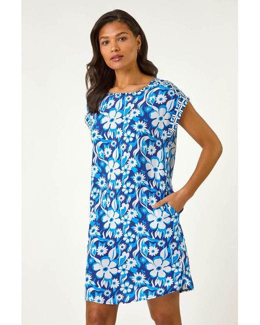 Roman Blue A-Line Floral T-Shirt Dress