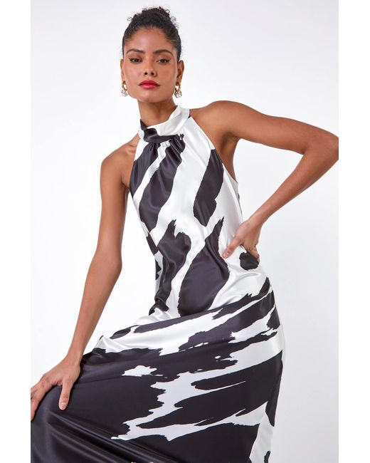 Roman White Dusk Fashion Satin Abstract Print Halterneck Dress