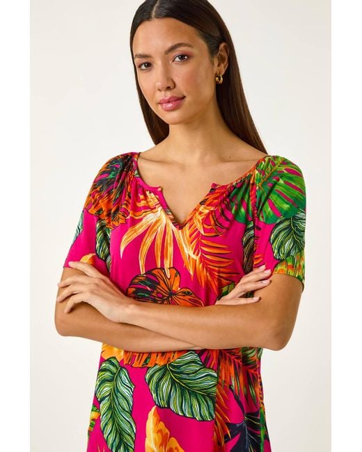 Roman Red Tropical Print Notch Neck Stretch Top