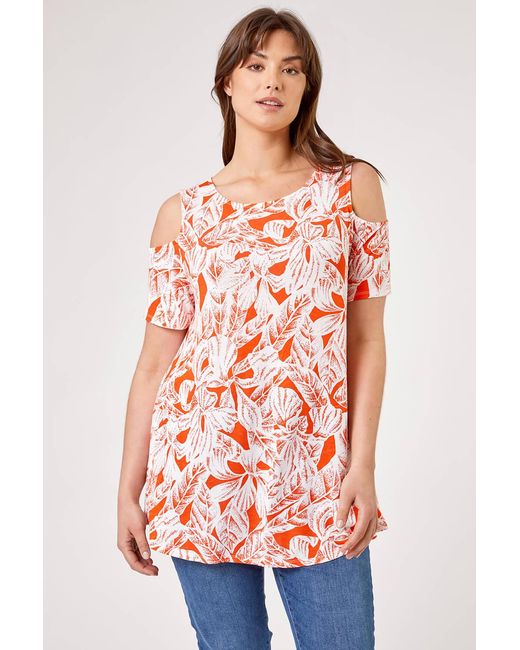 Roman Curve Orange Leaf Print Cold Shoulder Jersey Top