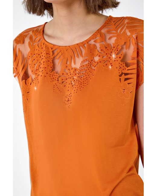 Roman Orange Embellished Palm Print Cut Out T-shirt