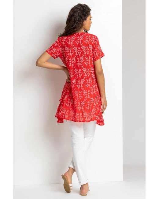 Roman Red Floral Print Crinkle Tunic Top
