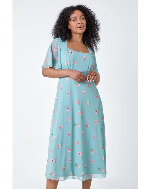 Roman Petite Blue Floral Square Neck Midi Dress